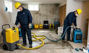 Rockford, IL water damage crew cleaning a flooded basement after seasonal flooding